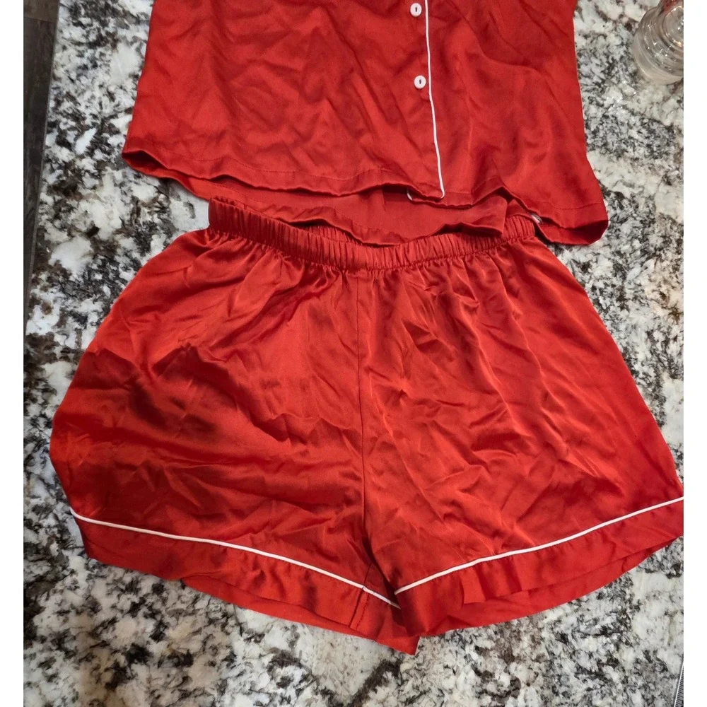 Red Satin Pajama Set Short Sleeve Button Down Shirt and Shorts Size S‎